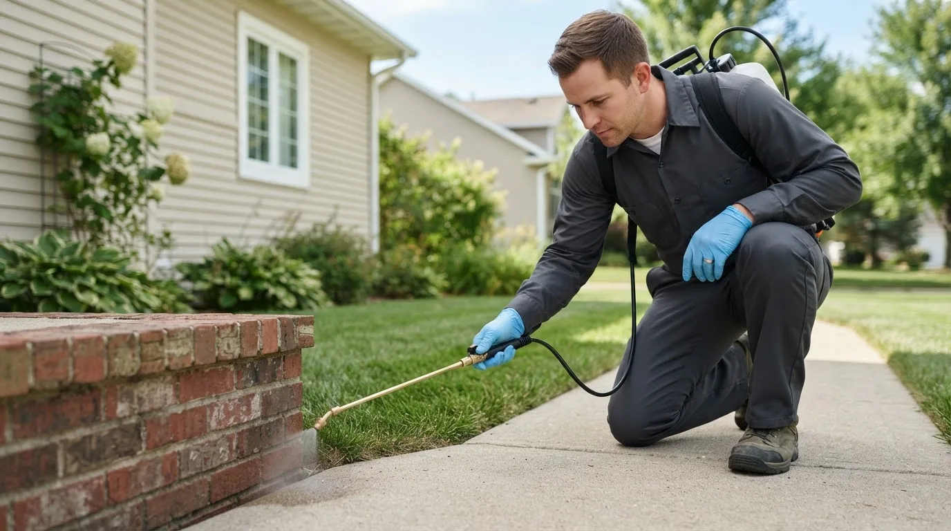 Pest control technician treating a home near Casstown, OH