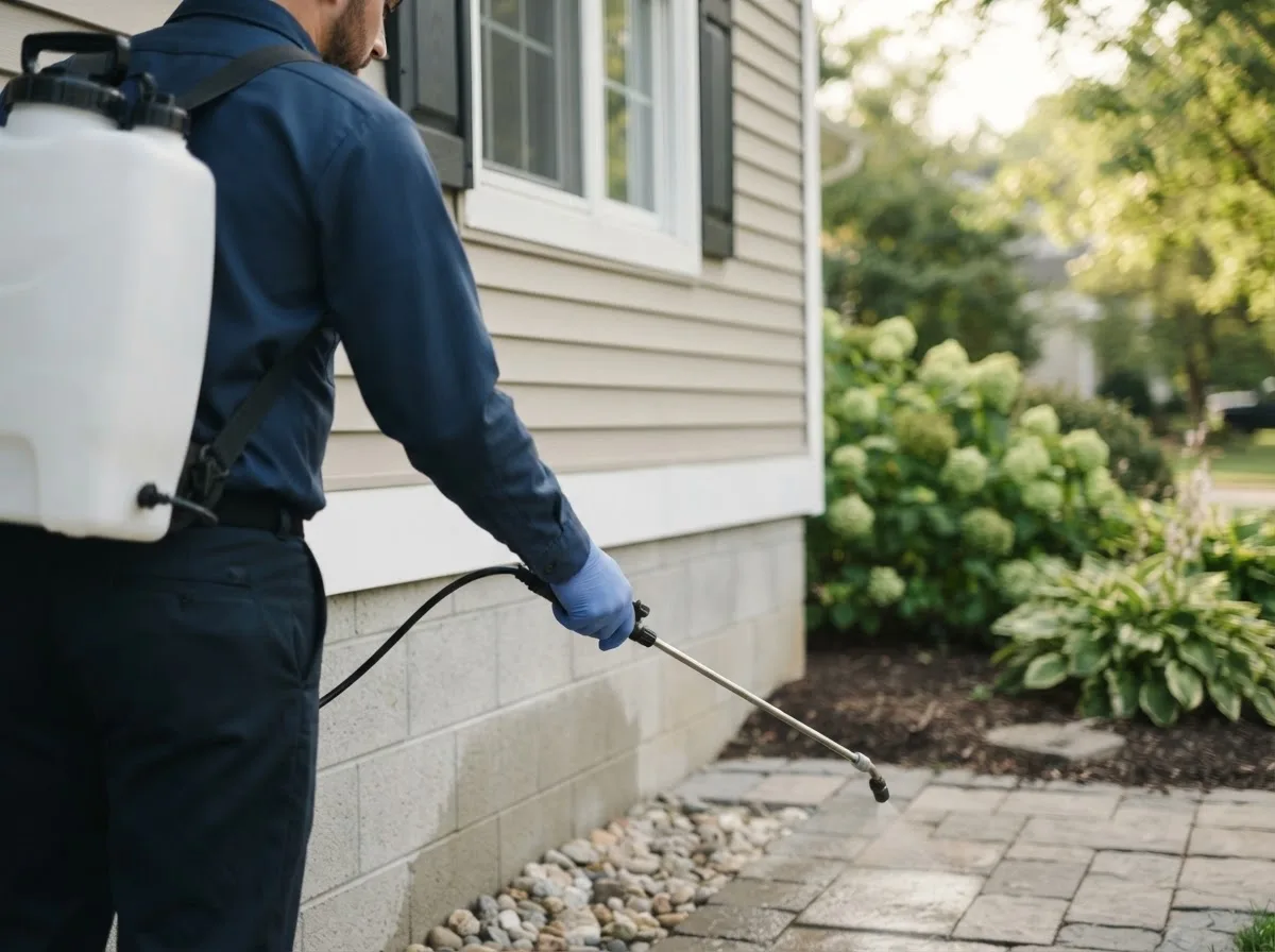 Pest control technician inspecting a home in Casstown, OH